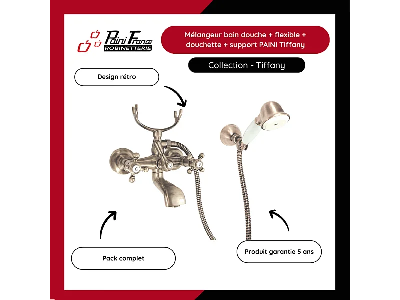 Mélangeur BAIN douche flexible + douchette + support  PAINI Tiffany Gris Acier