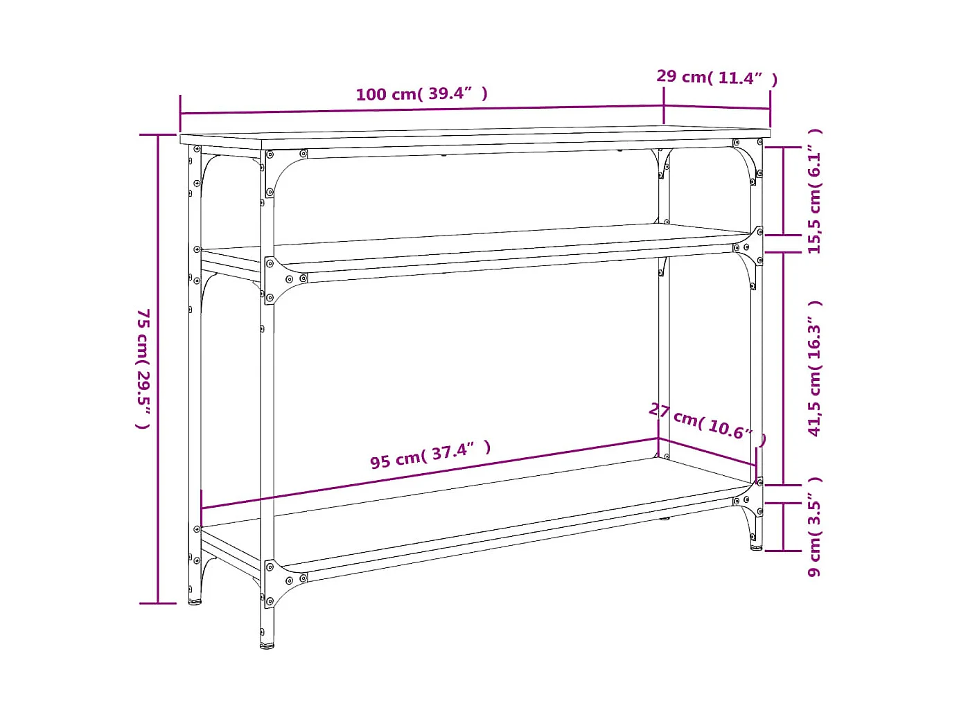 Table console avec étagères métal beige 100 x 29 x 75 cm DEC031903
