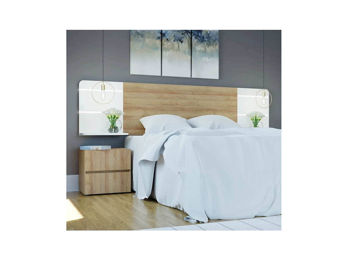 Cabecero de cama de 63x256,2x43,2 cm con estante integrado en color blanco y beige Leny