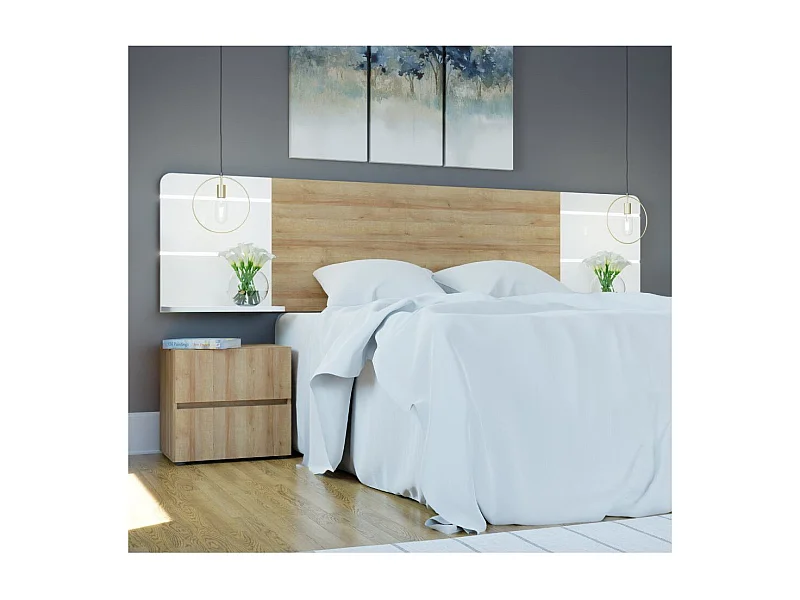 Cabecero de cama de 63x256,2x43,2 cm con estante integrado en color blanco y beige Leny