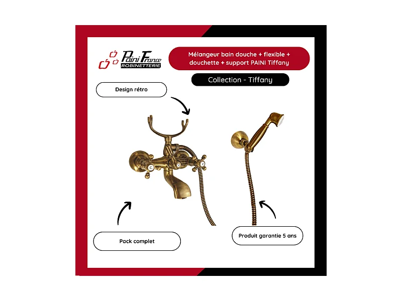 Mélangeur bain douche + flexible + douchette + support PAINI Tiffany Vieux Bronze