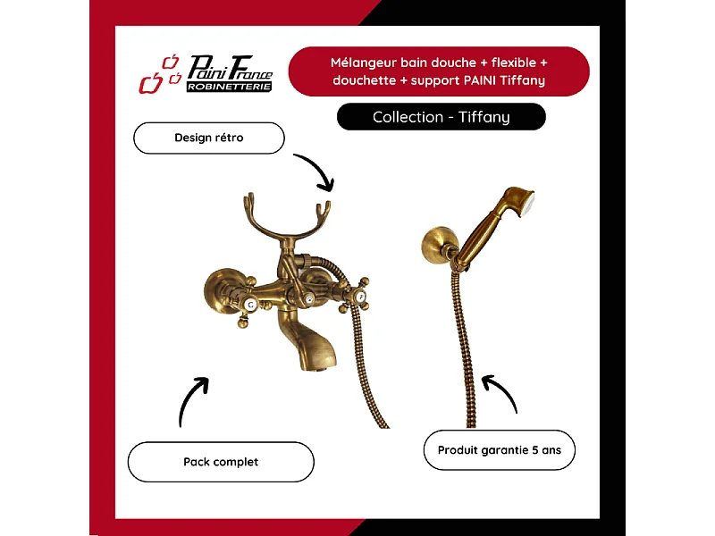 Mélangeur bain douche + flexible + douchette + support PAINI Tiffany Vieux Bronze