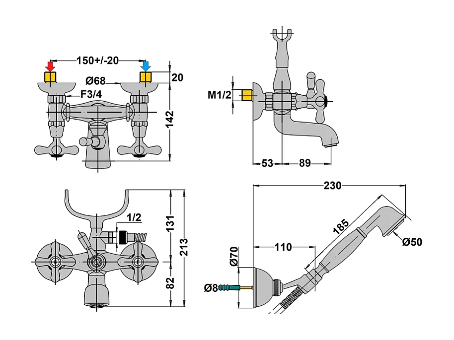 Mélangeur bain douche + flexible + douchette + support PAINI Tiffany Vieux Bronze