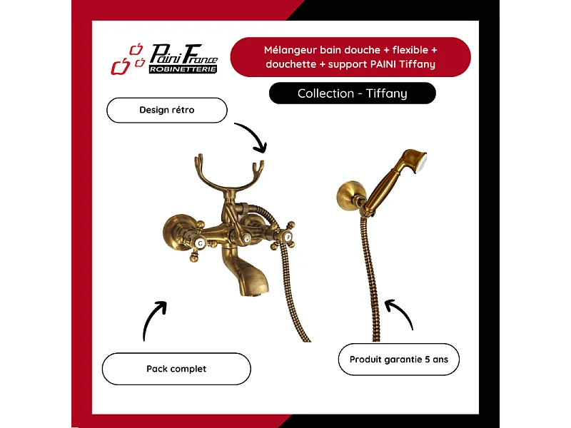 Mélangeur bain douche + flexible + douchette + support PAINI Tiffany Vieux Bronze
