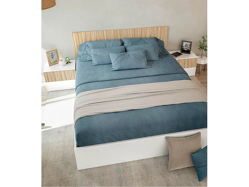 Cabecero de cama con 2 mesitas de 50x166x3 cm reversible de diseño nórdico en blanco Edith