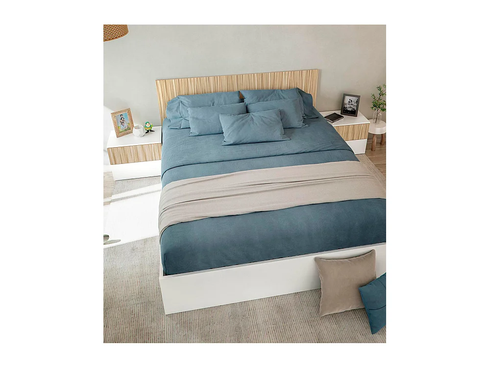 Cabecero de cama con 2 mesitas de 50x166x3 cm reversible de diseño nórdico en blanco Edith