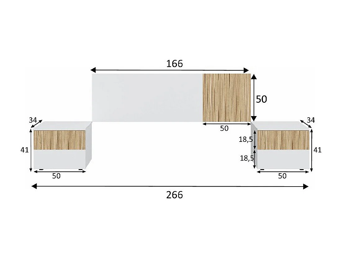 Cabecero de cama con 2 mesitas de 50x166x3 cm reversible de diseño nórdico en blanco Edith