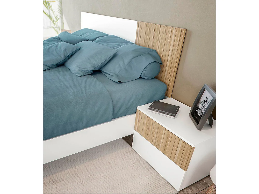 Cabecero de cama con 2 mesitas de 50x166x3 cm reversible de diseño nórdico en blanco Edith