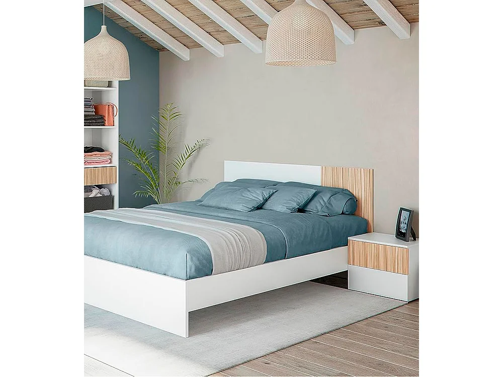 Cabecero de cama con 2 mesitas de 50x166x3 cm reversible de diseño nórdico en blanco Edith