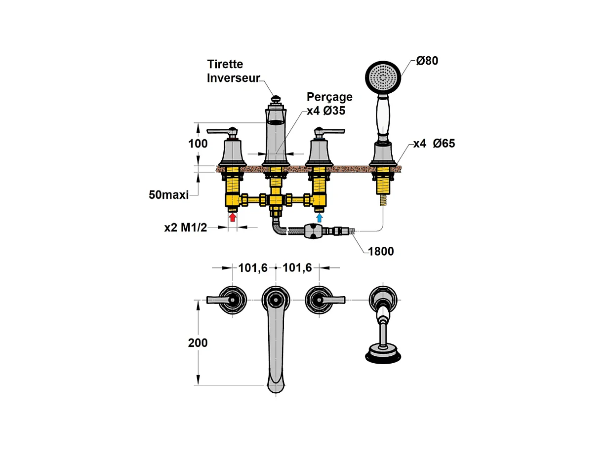 Mélangeur bain douche 4 trous PAINI Lady's Auburn