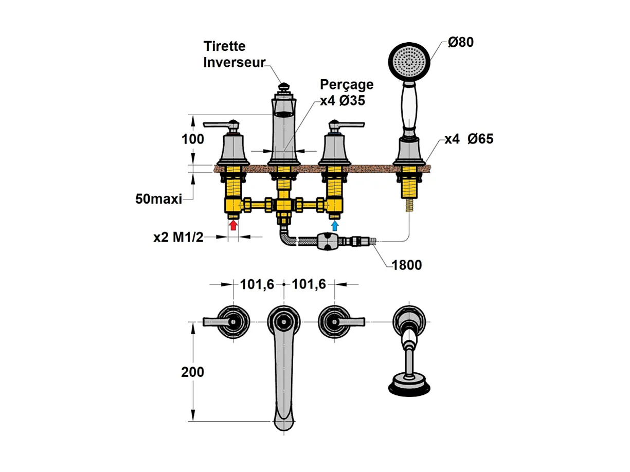 Mélangeur bain douche 4 trous PAINI Lady's Auburn