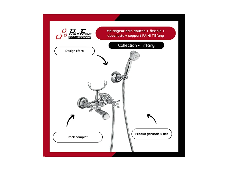 Mélangeur bain douche + flexible + douchette + support PAINI Tiffany Chromé