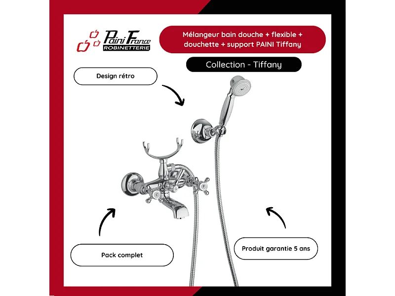 Mélangeur bain douche + flexible + douchette + support PAINI Tiffany Chromé