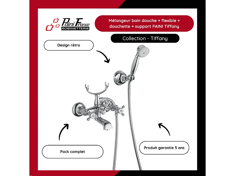 Mélangeur bain douche + flexible + douchette + support PAINI Tiffany Chromé