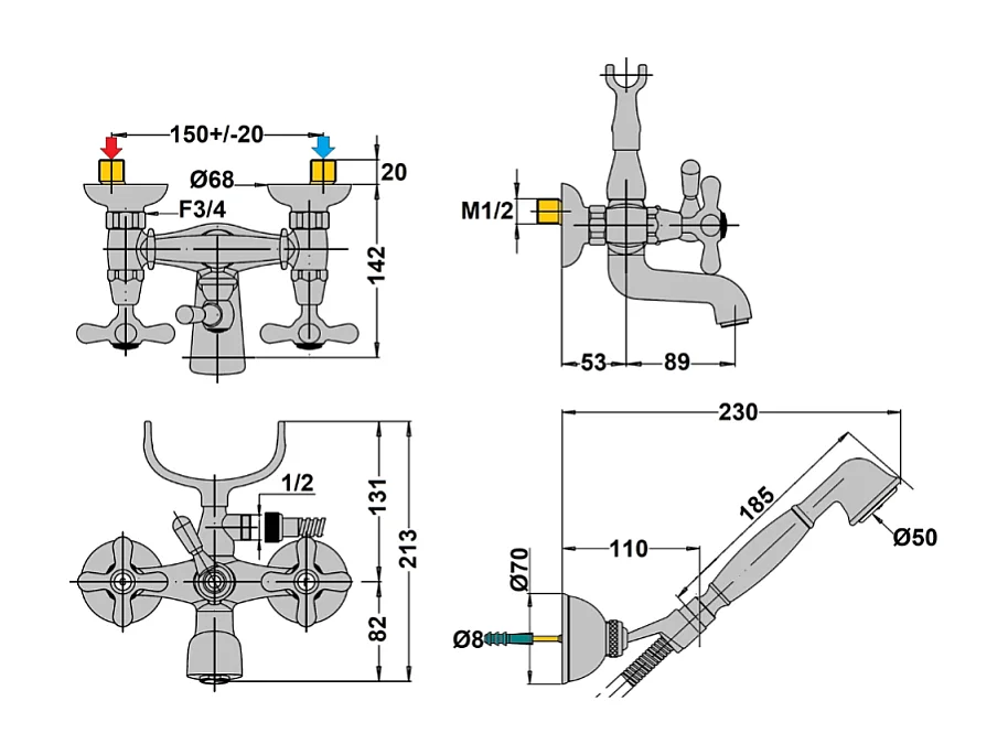 Mélangeur bain douche + flexible + douchette + support PAINI Tiffany Chromé