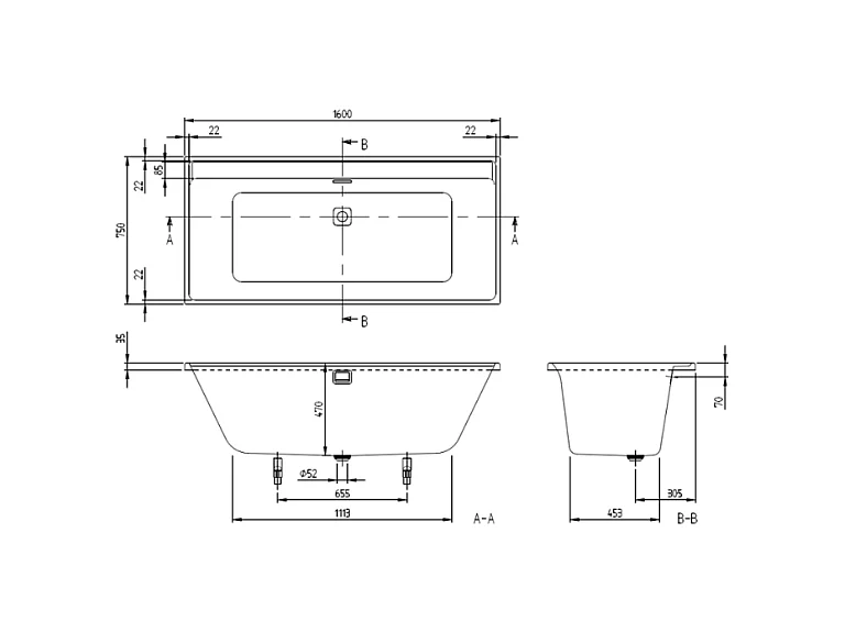 Baignoire droite 160 x 75 VILLEROY & BOCH Collaro acrylique Blanc avec vidage et trop-plein Gold