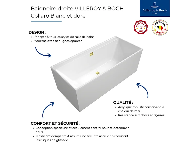 Baignoire droite 160 x 75 VILLEROY & BOCH Collaro acrylique Blanc avec vidage et trop-plein Gold