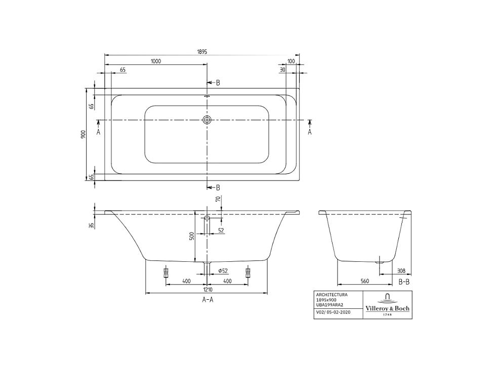 Baignoire droite VILLEROY & BOCH Architectura acrylique 190 x 90 cm  + Pare bain gauche AURYS Raywall chromé