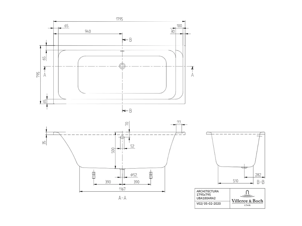 Baignoire droite VILLEROY & BOCH Architectura avec pieds acrylique 180 x 80 cm  + Pare bain droite AURYS Raywall chromé