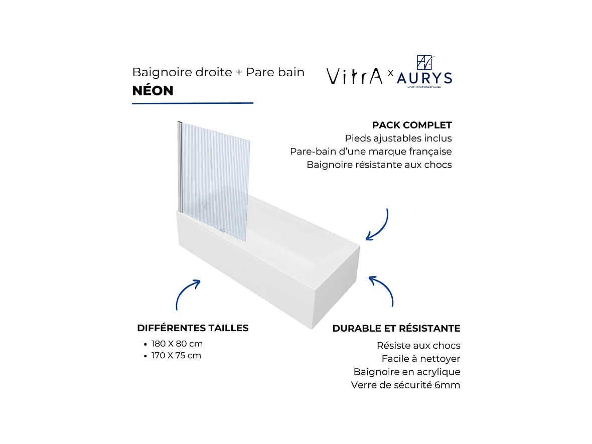 Baignoire rectangulaire VITRA Neon 170x75cm + Pare bain gauche AURYS Raywall chromé profilé gauche