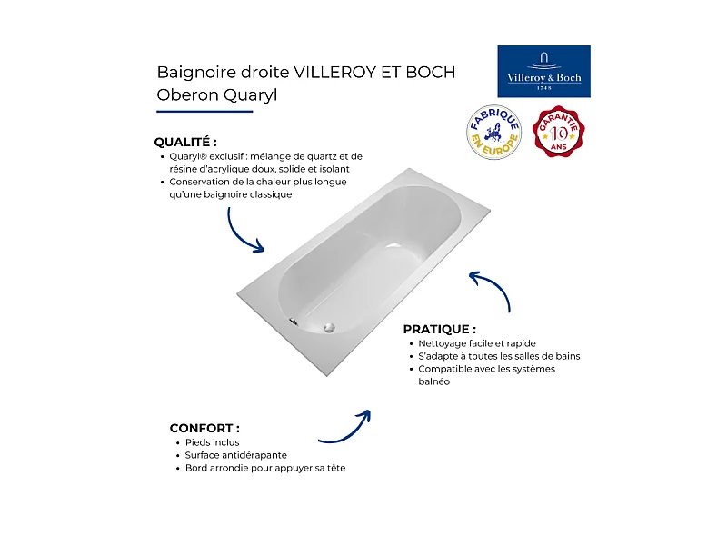 Baignoire droite VILLEROY ET BOCH Oberon quaryl 170 x 75 cm  + Pare bain gauche AURYS Raywall chromé