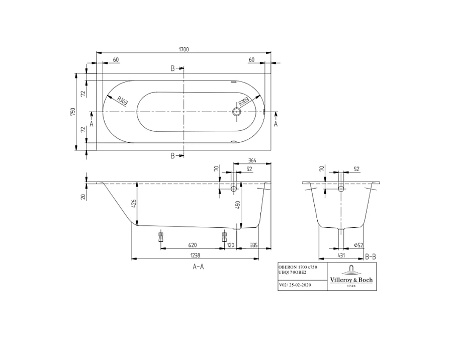 Baignoire droite VILLEROY ET BOCH Oberon quaryl 170 x 75 cm  + Pare bain gauche AURYS Raywall chromé