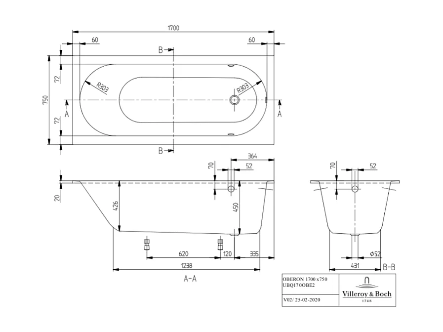 Baignoire droite VILLEROY ET BOCH Oberon quaryl 170 x 75 cm  + Pare bain gauche AURYS Raywall chromé