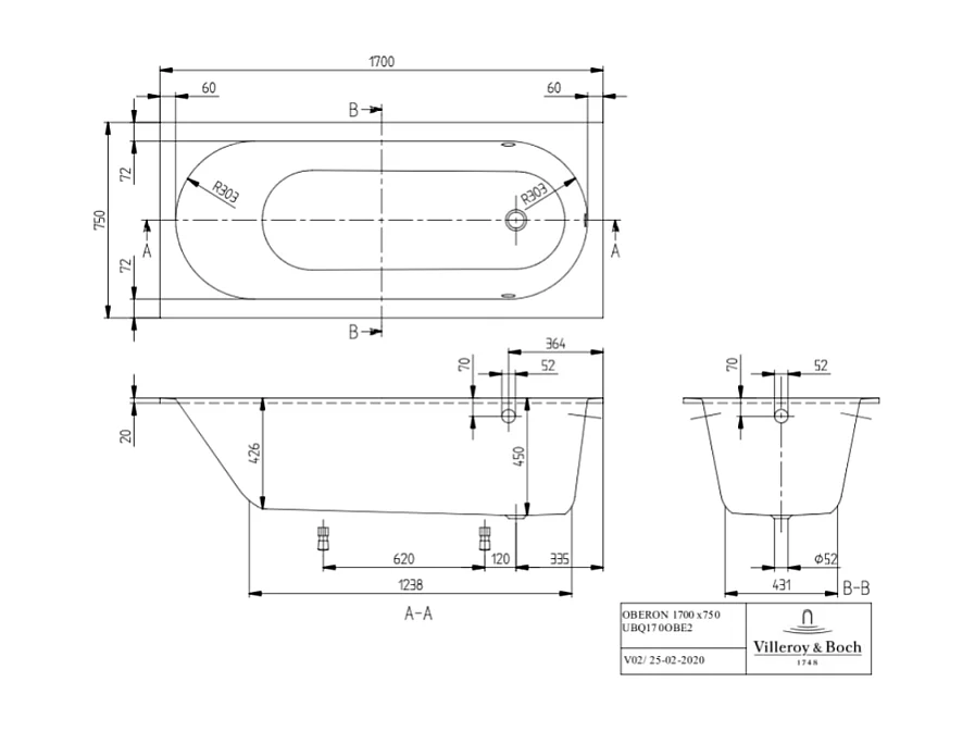 Baignoire droite VILLEROY ET BOCH Oberon quaryl 170 x 75 cm  + Pare bain gauche AURYS Raywall chromé