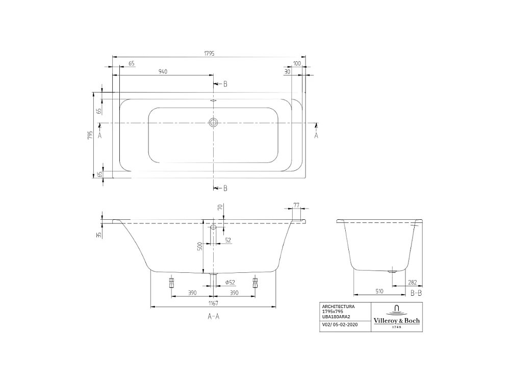 Baignoire droite VILLEROY & BOCH Architectura avec pieds acrylique 180 x 80 cm  + Pare bain gauche AURYS Raywall chromé