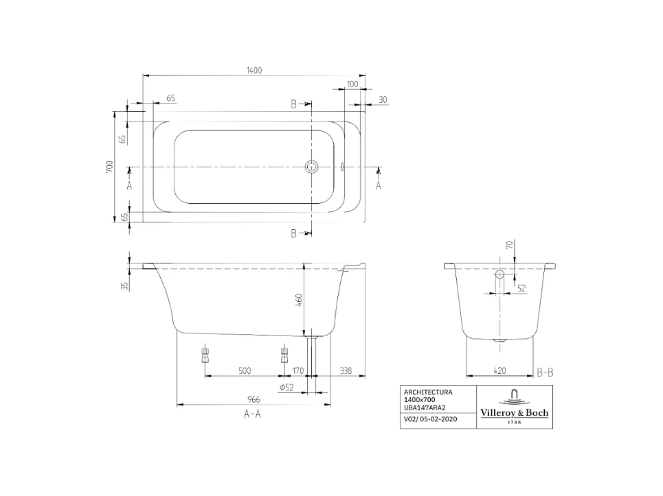 Baignoire droite VILLEROY & BOCH Architectura acrylique 140 x 70 cm  + Pare bain gauche AURYS Raywall chromé
