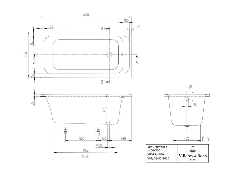 Baignoire droite VILLEROY & BOCH Architectura acrylique 140 x 70 cm  + Pare bain gauche AURYS Raywall chromé