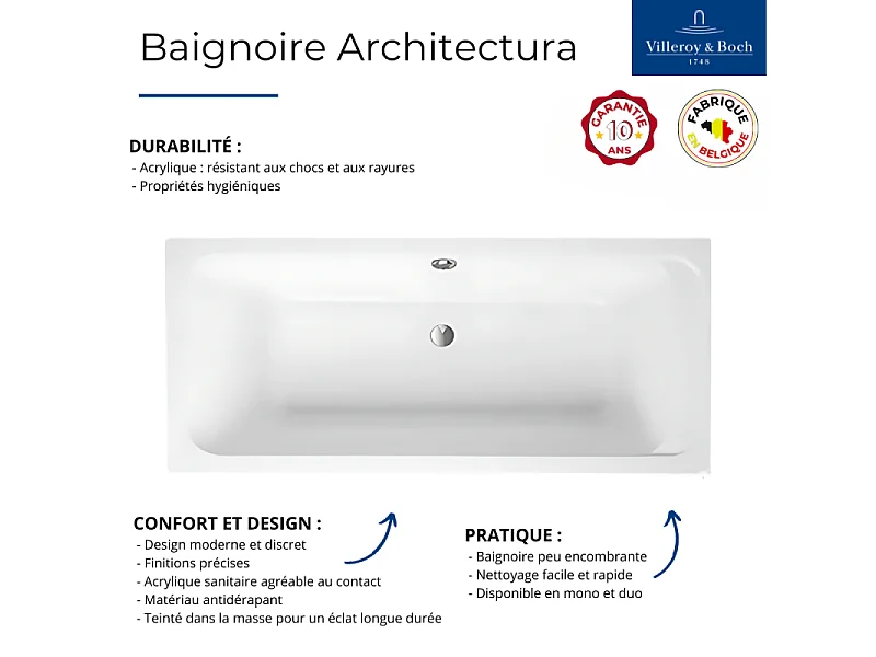 Baignoire droite VILLEROY & BOCH Architectura acrylique 180 x 80 cm  + Pare bain gauche AURYS Mist 1 chromé