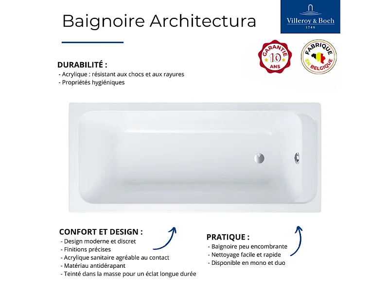 Baignoire droite VILLEROY & BOCH Architectura acrylique 150 x 70 cm  + Pare bain droite AURYS Mist 1 chromé