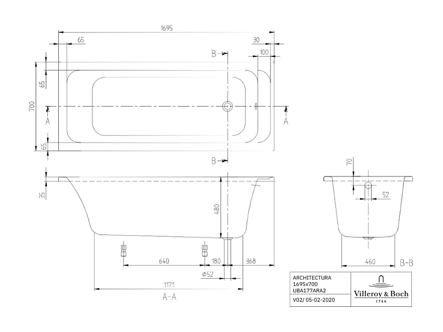 Baignoire droite VILLEROY & BOCH Architectura avec pieds acrylique 170 x 70 cm  + Pare bain droite AURYS Mist 1 chromé
