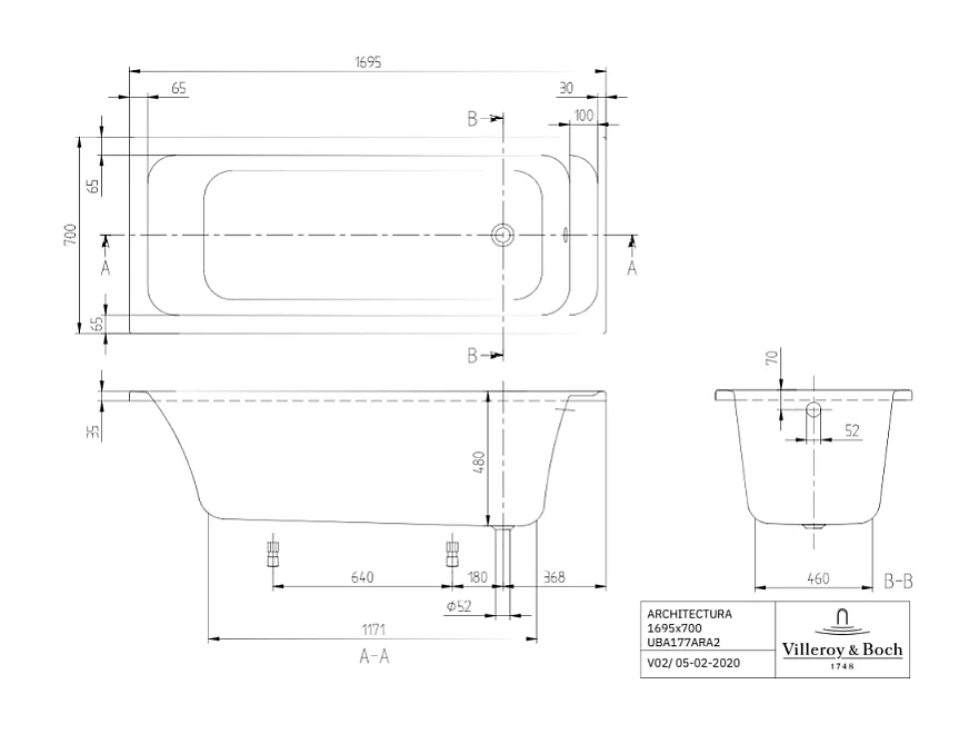 Baignoire droite VILLEROY & BOCH Architectura avec pieds acrylique 170 x 70 cm  + Pare bain droite AURYS Raywall chromé