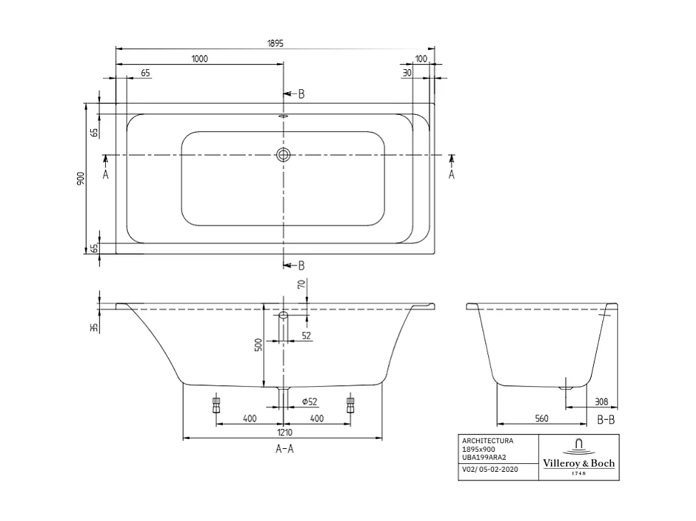Baignoire droite VILLEROY & BOCH Architectura acrylique 190 x 90 cm  + Pare bain droite AURYS Mist 1 chromé