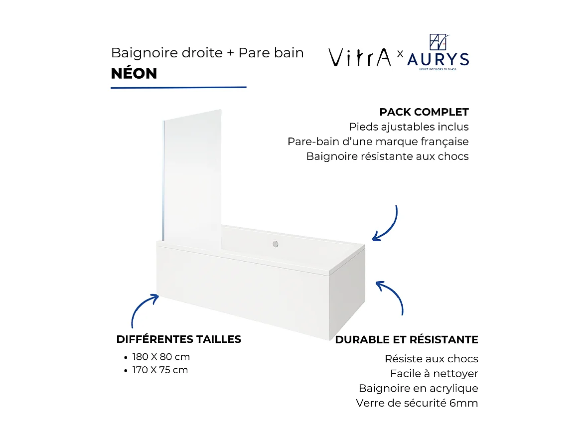 Baignoire rectangulaire VITRA Neon 180x80cm + Pare bain droit AURYS Mist 1 chromé profilé droite