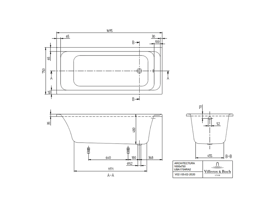 Baignoire droite VILLEROY & BOCH Architectura acrylique 170 x 75 cm  + Pare bain gauche AURYS Raywall chromé