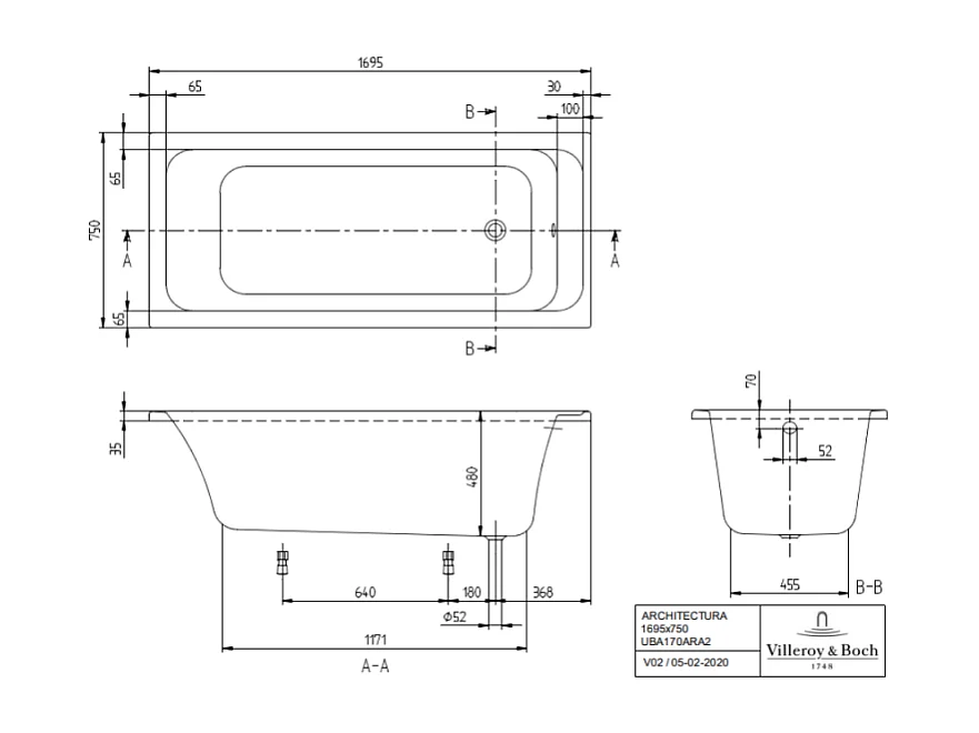 Baignoire droite VILLEROY & BOCH Architectura acrylique 170 x 75 cm  + Pare bain gauche AURYS Raywall chromé