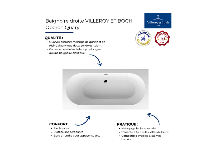 Baignoire droite VILLEROY ET BOCH Oberon quaryl 190 x 90 cm  + Pare bain gauche AURYS Raywall chromé