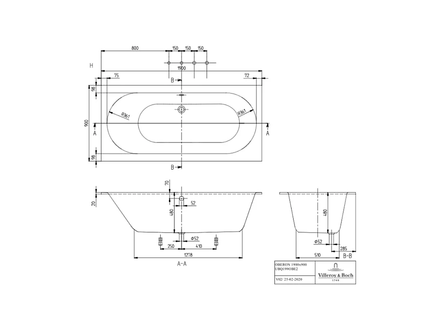 Baignoire droite VILLEROY ET BOCH Oberon quaryl 190 x 90 cm  + Pare bain gauche AURYS Raywall chromé