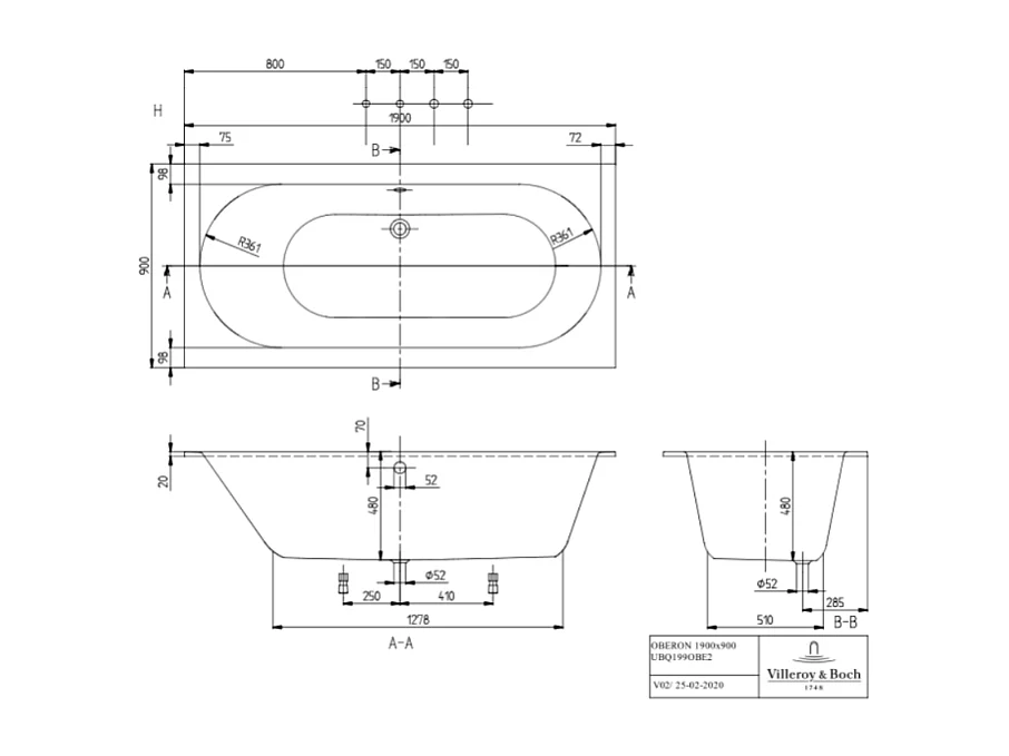 Baignoire droite VILLEROY ET BOCH Oberon quaryl 190 x 90 cm  + Pare bain gauche AURYS Raywall chromé