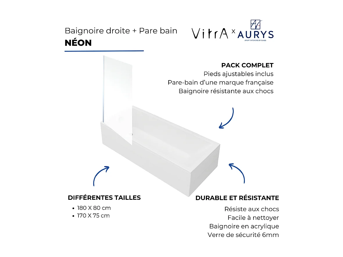 Baignoire rectangulaire VITRA Neon 170x75cm + Pare bain gauche AURYS Mist 1 chromé profilé gauche
