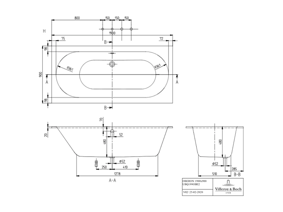 Baignoire droite VILLEROY ET BOCH Oberon quaryl 190 x 90 cm  + Pare bain droite AURYS Mist 1 chromé