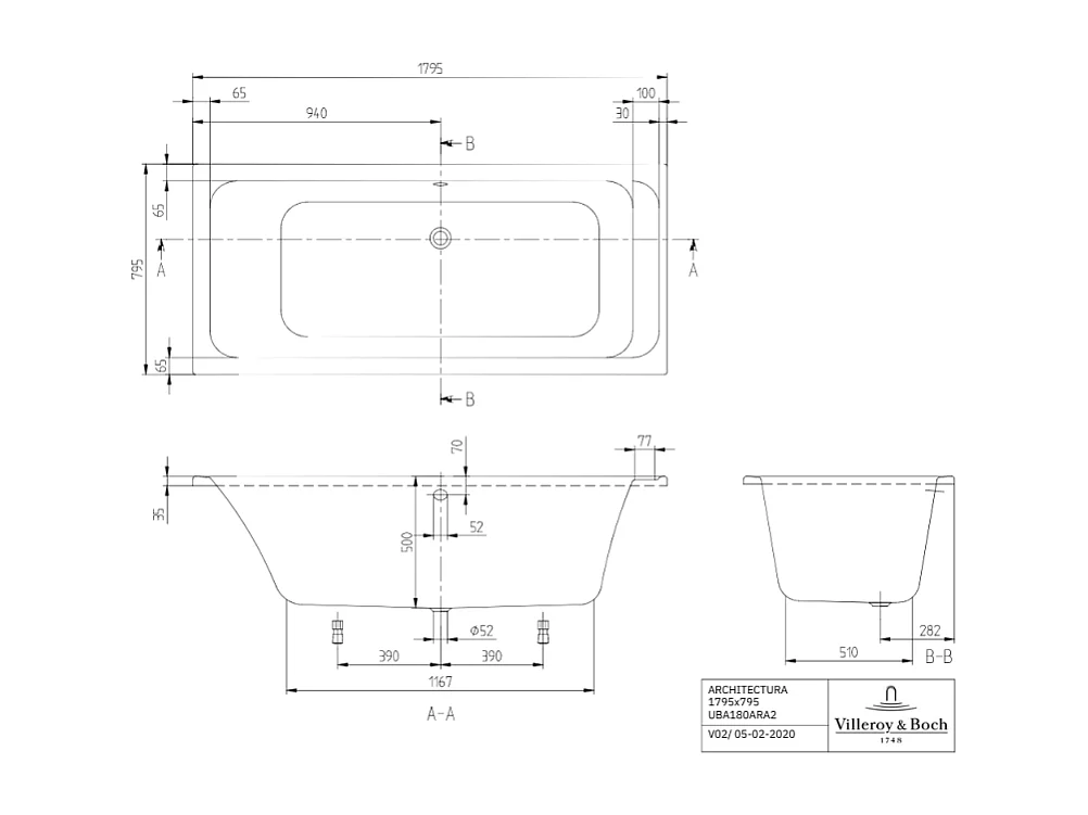 Baignoire droite VILLEROY & BOCH Architectura acrylique 180 x 80 cm  + Pare bain droite AURYS Mist 1 chromé