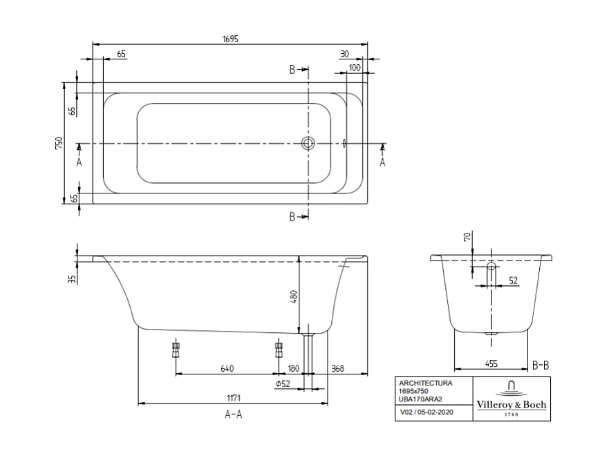 Baignoire droite VILLEROY & BOCH Architectura acrylique 170 x 75 cm  + Pare bain droite AURYS Mist 1 chromé