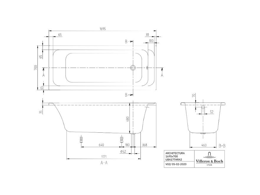 Baignoire droite VILLEROY & BOCH Architectura avec pieds acrylique 170 x 70 cm  + Pare bain gauche AURYS Raywall chromé