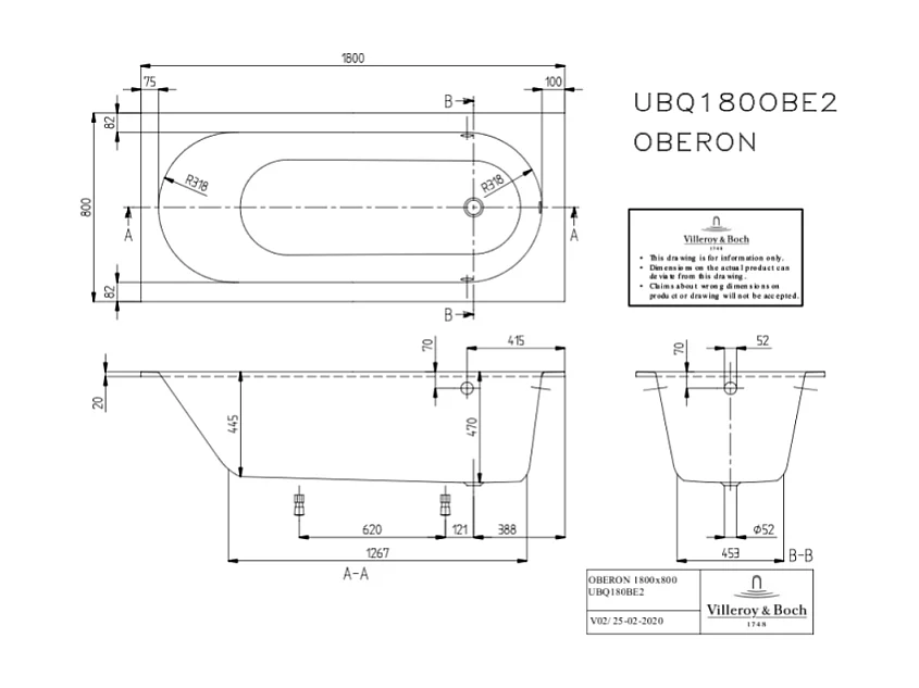Baignoire droite VILLEROY ET BOCH Oberon quaryl 180 x 80 cm  + Pare bain gauche AURYS Mist 1 chromé