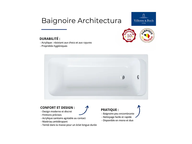 Baignoire droite VILLEROY & BOCH Architectura acrylique 170 x 70 cm  + Pare bain gauche AURYS Raywall chromé