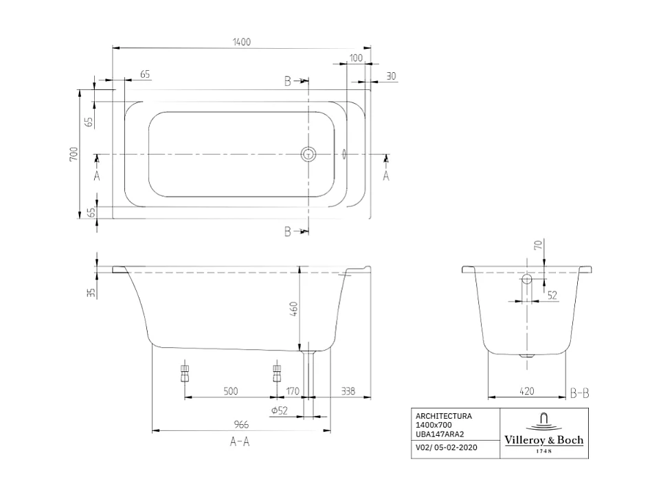 Baignoire droite VILLEROY & BOCH Architectura avec pieds acrylique 140 x 70 cm  + Pare bain gauche AURYS Mist 1 chromé